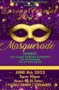 Purple background with gold lettering that reads Spring Formal 2022 Masquerade. A picture of a gold mask is in the center. 
